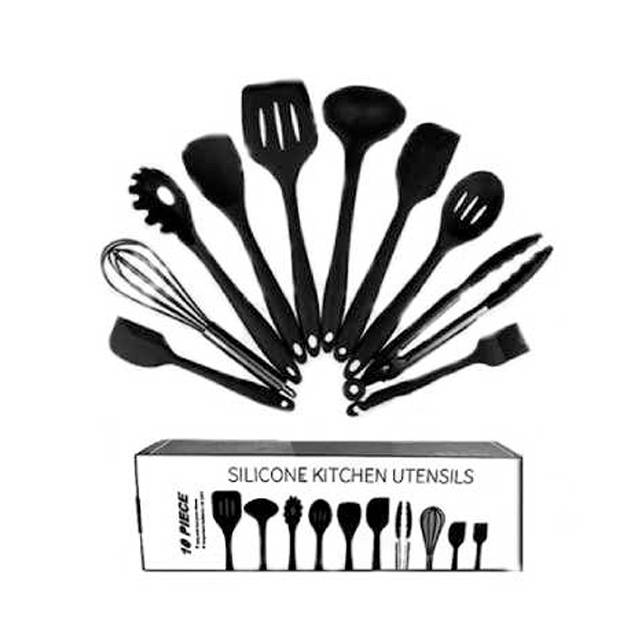 FDA Approved Black Silicone Cooking Shovel Spoon Kitchenware 10PC Set (Model: FDABK)