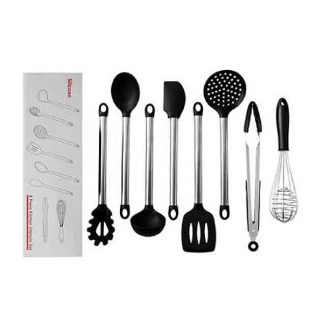 FDA Approved Stainless Steel Handle Silicone Cooking Shovel Spoon Kitchenware 8pc Set (Model: FDABS)