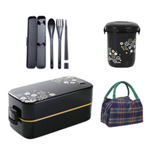 Japanese Sakura Two-layer Plastic Microwave Lunch Box Set, Black (Cutlery set + Soup Bowl + Bag) (Model: FUDOGIKEN-B3)