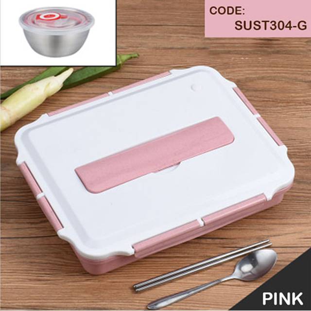 304 Stainless Steel Insulated Seal-tight Wheat-fiber lunch box with soup bowl & cutlery set (Model: SUST304)